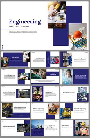 A collection of slides covering various engineering disciplines and text descriptions with images.