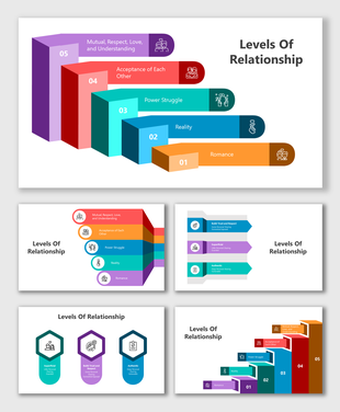 Colorful slide deck showing levels of relationship in stacked bars, with vibrant hues and icons representing stages.