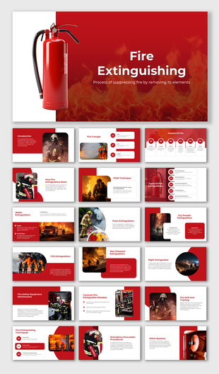 Slide deck on fire safety covering fire triangle, types of extinguishers, maintenance, evacuation, and safety training.