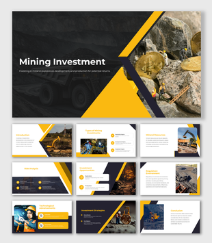 Mining investment PowerPoint slides showcasing types of mining projects, including exploration, development, and production.