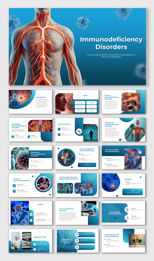 Slide deck of human immunity organs and lymph nodes on a blue background, representing immunodeficiency disorders.