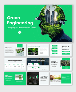 Green engineering PowerPoint template featuring sustainability, renewable energy, eco-friendly design, and environmental.