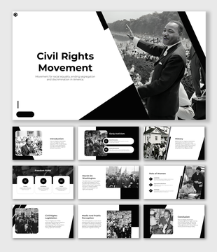 Civil rights movement slides with black and white design, covering topics like early activism, history, and key events.