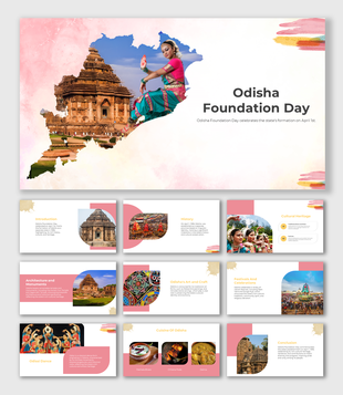 Odisha Foundation day slides featuring a map of the state with cultural elements like dance and temples.