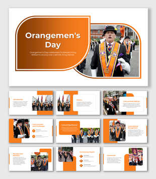 Orangemen's Day slide deck with images of participants in traditional attire, discussing history, impact, and controversies.