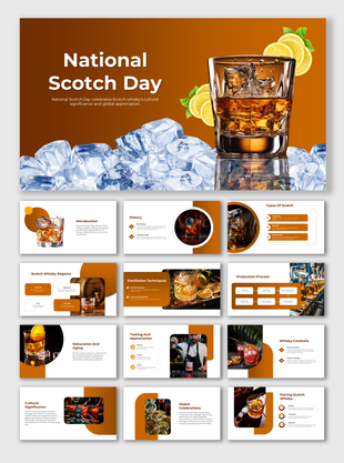 National Scotch Day PPT slides featuring the history, types, and production process of Scotch whisky on a brown theme.