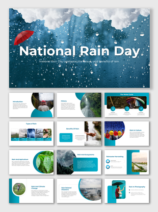 National Rain Day with nature imagery, infographic layouts, and text blocks discussing rain’s role in ecosystems and society.