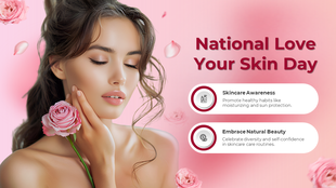 Beauty themed image with a woman touching her face, holding a rose, surrounded by soft petals, on a pink gradient background.