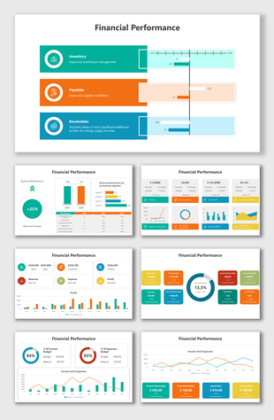 Alt: Financial Performance slide showing KPI tiles, revenue and profit charts, and key metric labels in a dashboard layout.