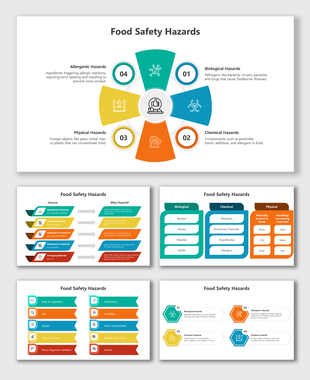Food Safety Hazards slides with different colorful layout designs and icons with text descriptions.