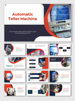 Slide deck about ATMs, detailing their functions, user interface, network connectivity, transaction types, and accessibility.