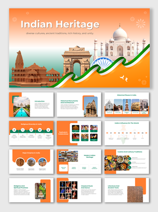Indian Heritage slides showcasing India's cultural landmarks, religious diversity, festivals, and historical monuments.