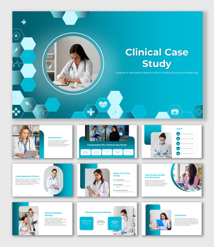 Clinical case study slide deck featuring images of doctors, case study steps, decision making, and types of studies.