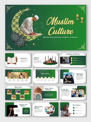 A Muslim culture PowerPoint slides covers different related topics with images on a green theme with text descriptions.