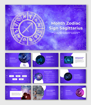 Sagittarius zodiac sign template in a purple cosmic theme, covering traits, relationships, and career insights.