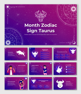 Taurus-themed slides detailing strengths, weaknesses, relationships, and symbolism, with a cosmic purple design.