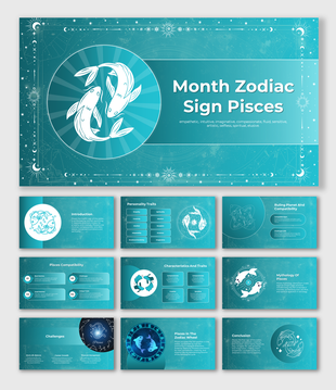 Zodiac themed slides about pisces, including mythology, and personality characteristics on a starry teal background.