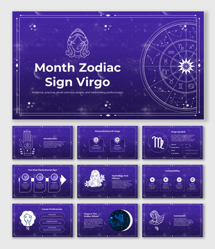 Virgo slide deck with a deep purple cosmic background, zodiac symbols, and astrological illustrations in a celestial style.