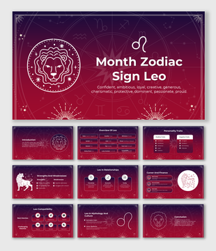 Leo themed slides with red cosmic background featuring lion illustrations, and sections covering career, and mythology.