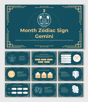 Slide deck on Gemini zodiac sign, featuring sections on traits, relationships, and career, set in a teal and gold theme.