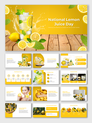 National Lemon Juice day slides featuring a refreshing lemon drink with fresh lemon and mint with icons and text description.