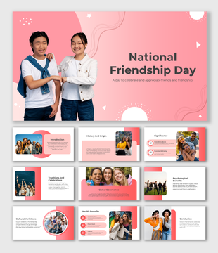National friendship day slide deck with images smiling friends, bonding, and celebrations, with pink design elements.