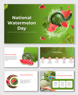 National Watermelon day slides celebrating the fruit's history, health benefits, and cultural significance.