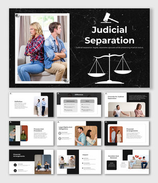 A PowerPoint presentation on judicial separation, featuring slides with images of couples and legal information.