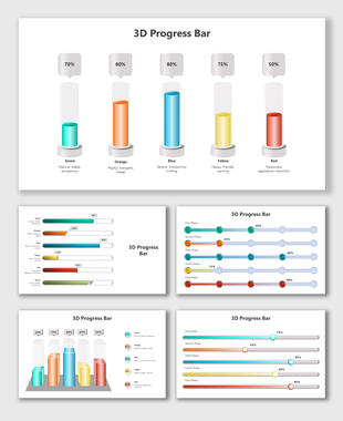 Series of 3D progress bars with varying colors and percentage indicators, representing different stages of progress.