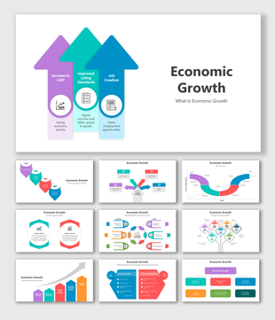 Economic themed slide deck with infographic elements, charts, and organized sections explaining key aspects of growth.