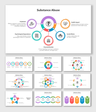 Substance abuse slides show key areas with different colorful layout designs and icons with descriptions.