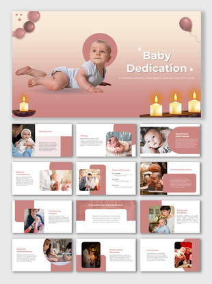 Pastel colored slide deck with baby photos and candles discussing the roles of parents in baby dedication.