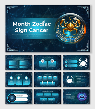 Slide deck on Cancer zodiac sign, featuring sections on symbol and glyph, compatibility, and health tips in a cosmic design.