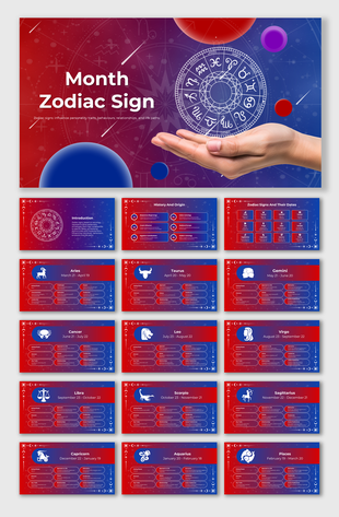 A slide deck on zodiac signs, with an introduction, history, and detailed information about each sign from Aries to Pisces.