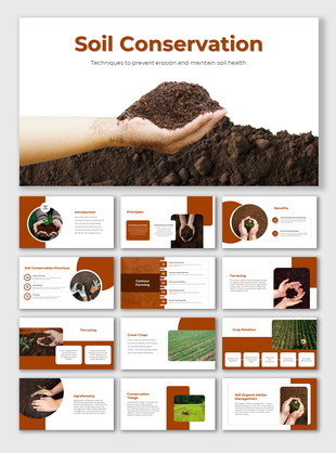 Soil conservation slides with earthy brown and white backgrounds, featuring images of planting, farming, and cover crops.