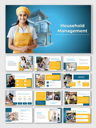 Household management slide deck with a smiling woman in kitchen attire and a contemporary home in the background.