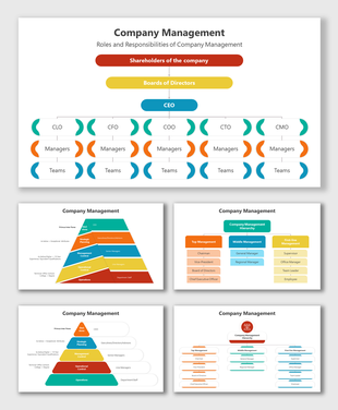 A set of slides explaining company management, featuring an organizational chart showing roles with team responsibilities.