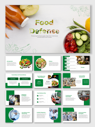 Food defense concept slide deck with fresh produce and text about protecting the food supply chain.
