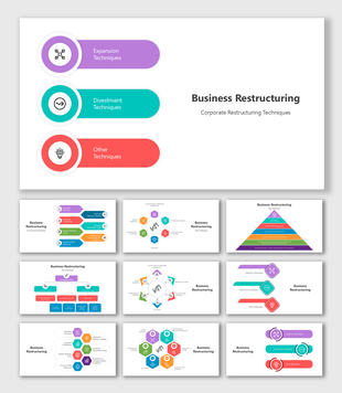 Slide deck featuring expansion, divestment, and restructuring techniques with hexagonal and pyramid layouts.