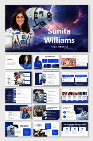 Sunita Williams presentation highlighting her NASA career, space missions, achievements, and contributions to exploration.