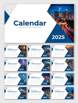 2025 calendar slides featuring a modern design with monthly layouts for each month, showcasing city skyline images.
