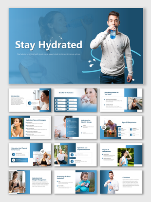 Visual presentation on hydration with mix of infographics and photos showing men and women drinking water.