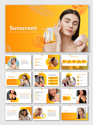 Slide deck with sunscreen information, displaying a woman applying lotion, product images, and orange-accented images.