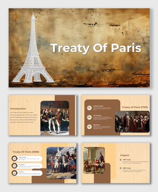 Treaty of Paris PPT slides feature the historical significance of France's Eiffel Tower model with a vintage background.