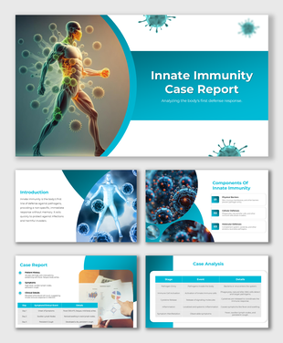 Immunology case study slides with graphics of virus particles, immune system illustrations, and data driven analysis. 