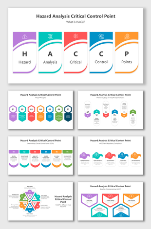 Hazard Analysis Critical Control Point with visuals for each letter, hexagonal step diagrams, and food industry icons.