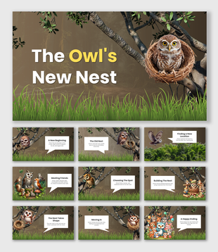 Whimsical owl adventure with forest branches, speech captions, and vibrant characters showing stages of relocation.
