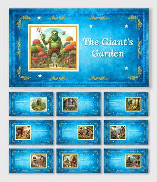 A pack of colorful giant garden PPT slides with trees and a small house on a blue theme with text descriptions.