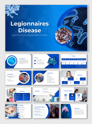 Legionnaires Disease slide deck with blue medical theme, bacteria visuals,  photo frames, and infographic health sections.