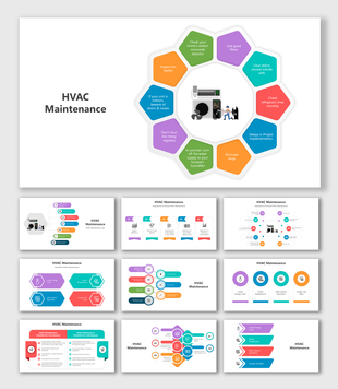 HVAC maintenance slide deck with circular and hexagonal infographic designs outlining key tips and procedures.